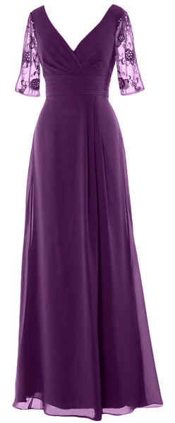 MACloth Women Half Sleeves Long Mother of The Bride Dress V Neck Formal Gown