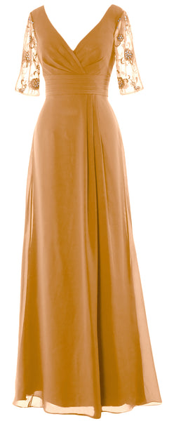 MACloth Women Half Sleeves Long Mother of The Bride Dress V Neck Formal Gown