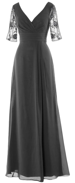 MACloth Women Half Sleeves Long Mother of The Bride Dress V Neck Formal Gown