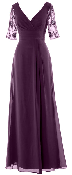 MACloth Women Half Sleeves Long Mother of The Bride Dress V Neck Formal Gown