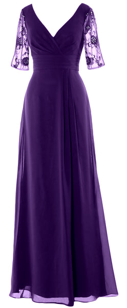 MACloth Women Half Sleeves Long Mother of The Bride Dress V Neck Formal Gown