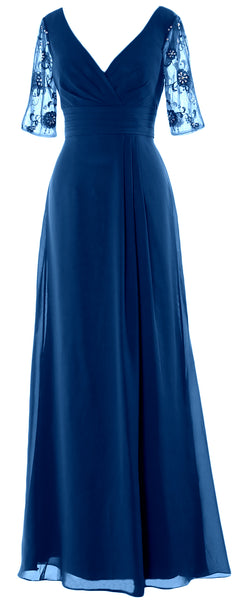 MACloth Women Half Sleeves Long Mother of The Bride Dress V Neck Formal Gown