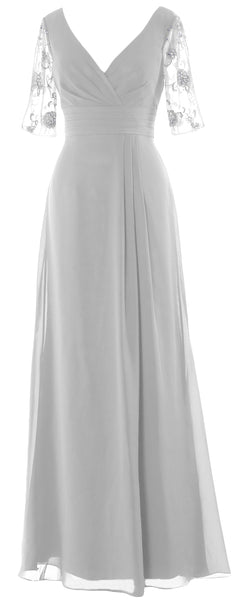 MACloth Women Half Sleeves Long Mother of The Bride Dress V Neck Formal Gown