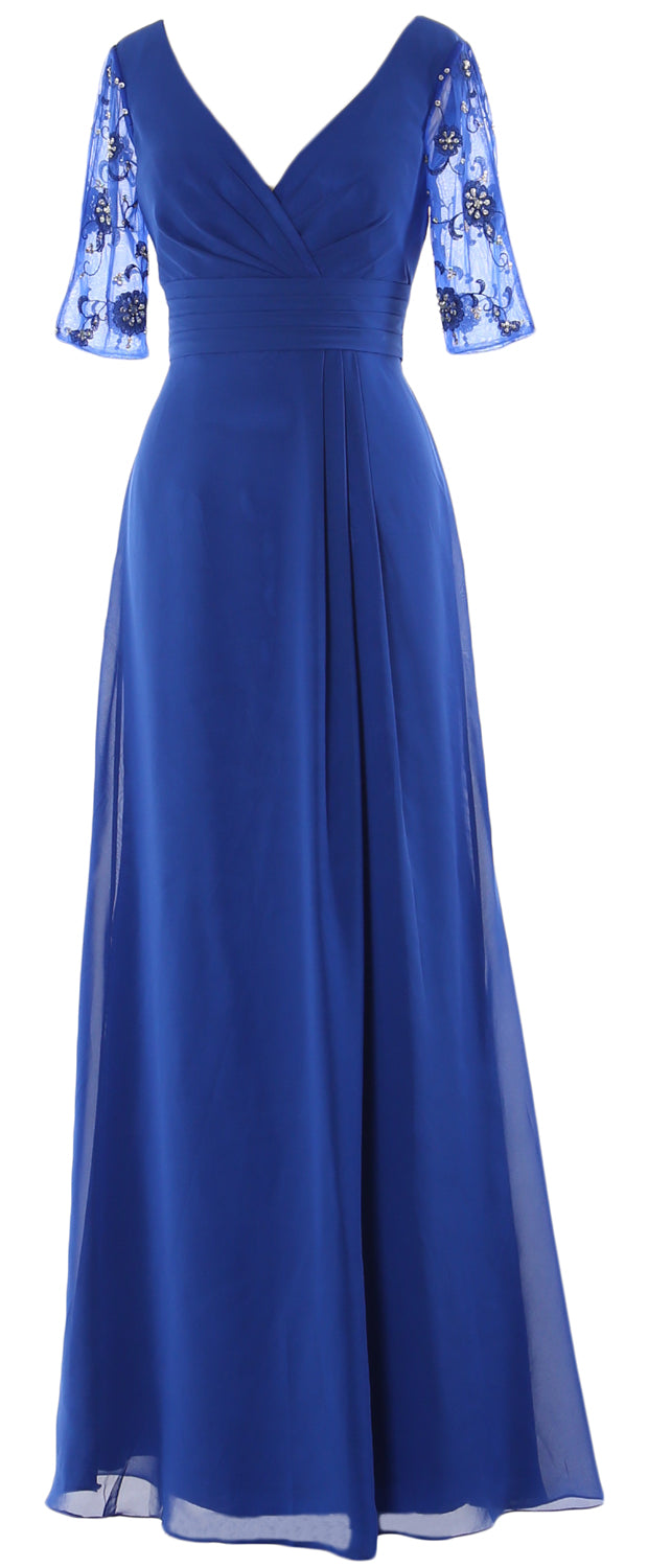 Macloth Women Half Sleeves Long Mother of The Bride Dress V Neck Formal Gown US14