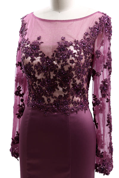 MACloth Women Long Sleeves Illusion Mother of The Bride Dress Lace Evening Gown