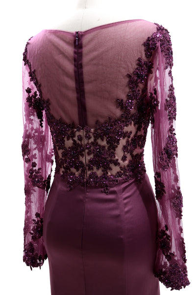 MACloth Women Long Sleeves Illusion Mother of The Bride Dress Lace Evening Gown