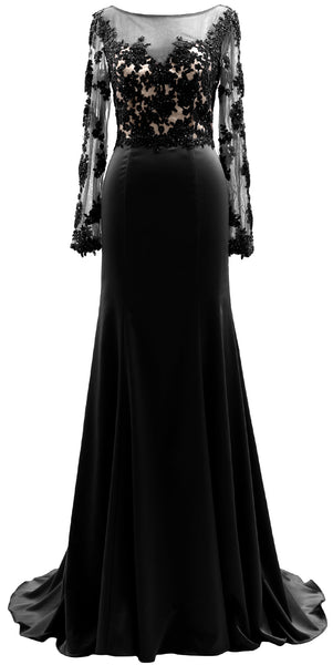 MACloth Women Long Sleeves Illusion Mother of The Bride Dress Lace Evening Gown