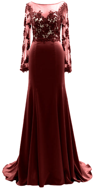 MACloth Women Long Sleeves Illusion Mother of The Bride Dress Lace Evening Gown