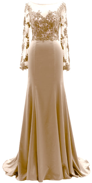 MACloth Women Long Sleeves Illusion Mother of The Bride Dress Lace Evening Gown