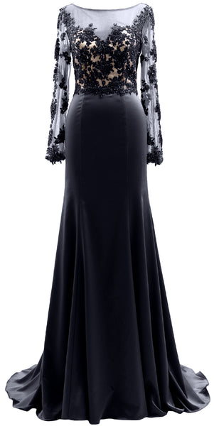 MACloth Women Long Sleeves Illusion Mother of The Bride Dress Lace Evening Gown