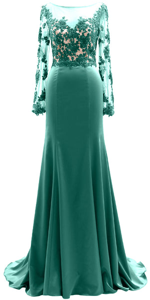 MACloth Women Long Sleeves Illusion Mother of The Bride Dress Lace Evening Gown