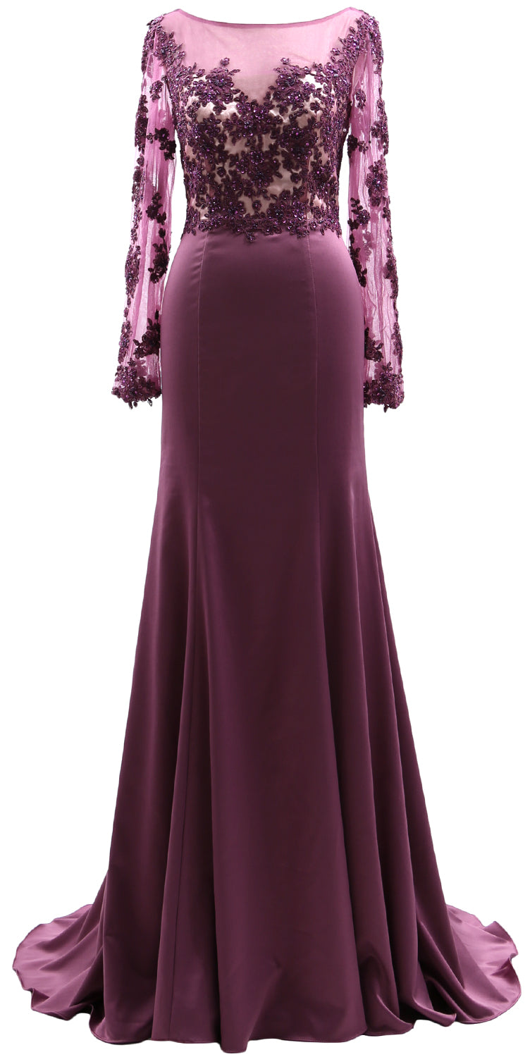 Macloth Women Long Sleeves Illusion Mother of The Bride Dress Lace Evening Gown US22W