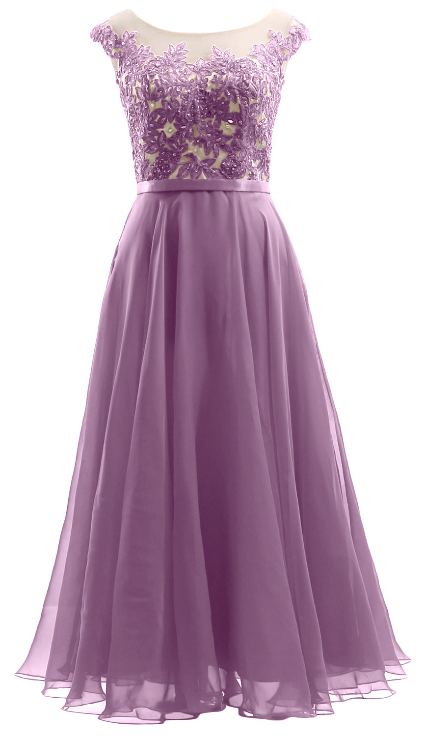 MACloth Flügelärmel Illusion Midi Ballkleid Spitze Chiffon Hochzeitsfeierkleid