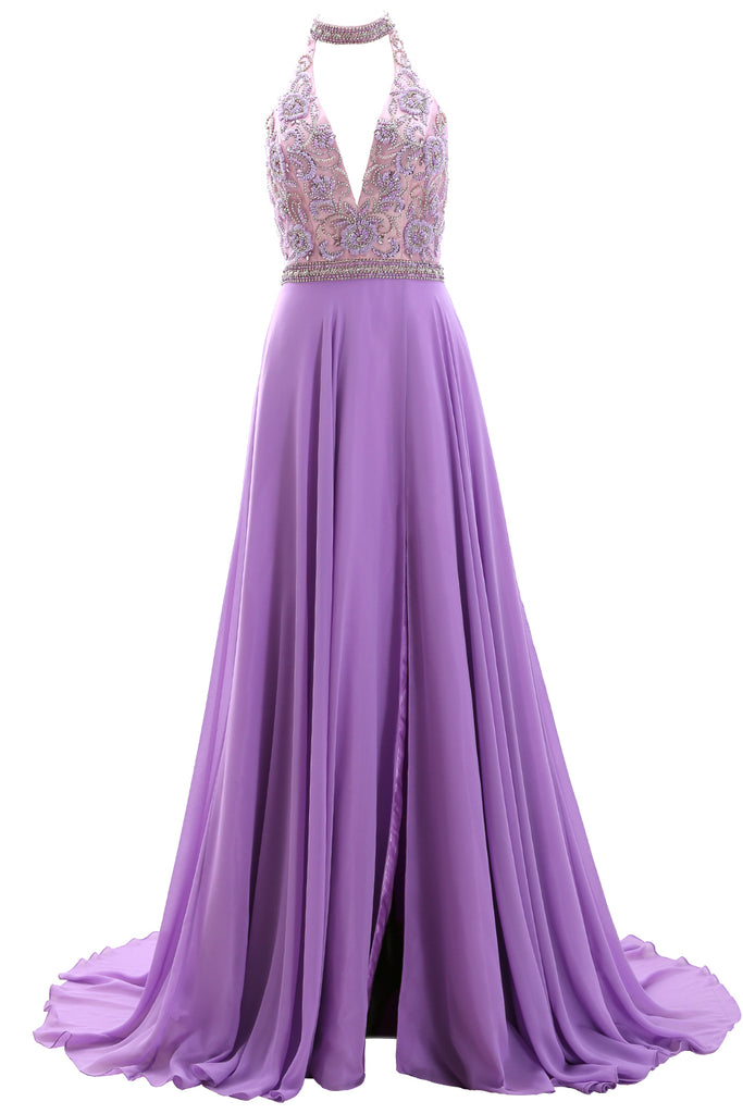 MACloth Halter High Neck Beaded Lavender Long Prom Dress Formal Evening Gown