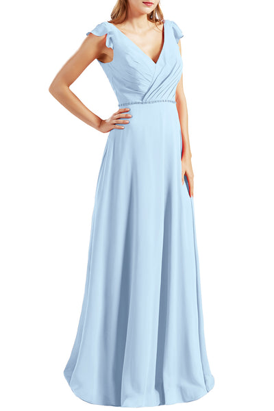 MACloth Women Cap Sleeves V Neck Chiffon Long Bridesmaid Dresses Evening Gown