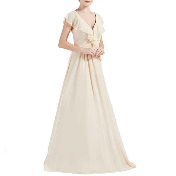 MACloth Women V Neck Ruffle Cap Sleeves Long Bridesmaid Dresses