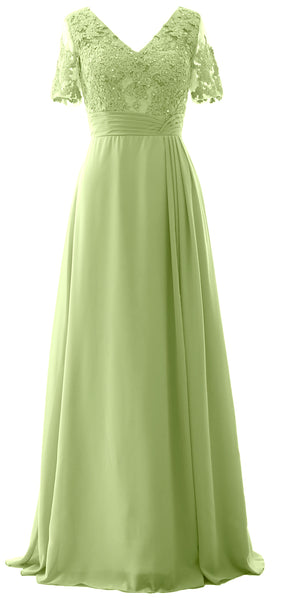 MACloth Women V Neck Long Mother of Bride Dresss Lace Evening Gown Short Sleeves