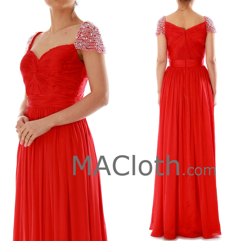 MACloth Damen Ballkleid mit Flügelärmeln, herzförmiger Ausschnitt, lang, rot, Chiffon, 160178