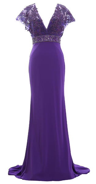MACloth Women Cap Sleeve V Neck Evening Gown Sheath Beaded Mother of Bride Dress