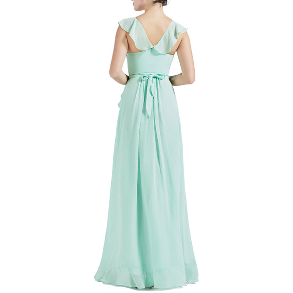 MACloth Women V Neck Ruffle Cap Sleeve Hi-Lo Long Wedding Bridesmaid Dresses
