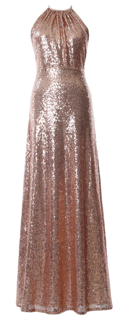 MACloth Women Halter Sequin Long Bridesmaid Dresses Wedding Party Formal Gown