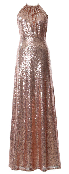 MACloth Women Halter Sequin Long Bridesmaid Dresses Wedding Party Formal Gown