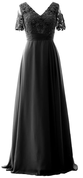 MACloth Women V Neck Long Mother of Bride Dresss Lace Evening Gown Short Sleeves