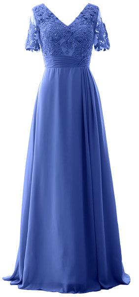 MACloth Women V Neck Long Mother of Bride Dresss Lace Evening Gown Short Sleeves