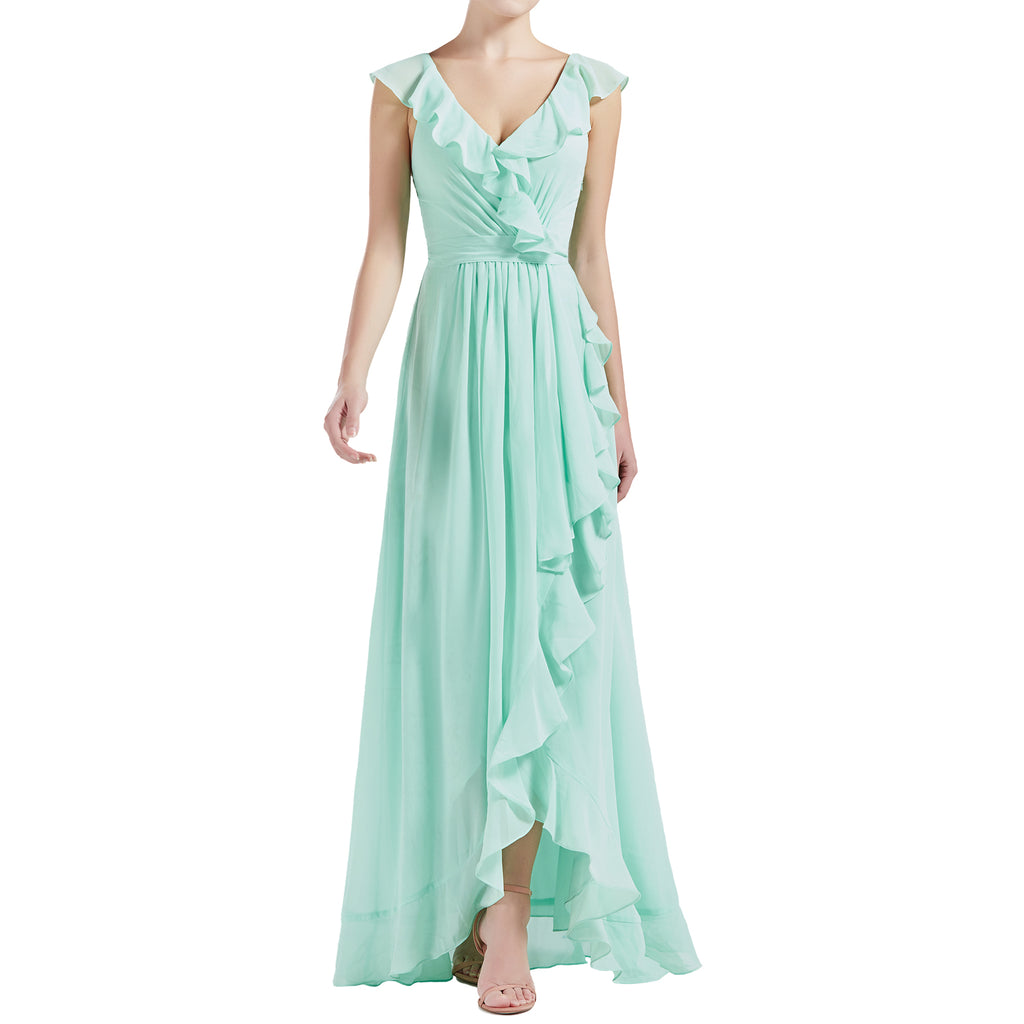 MACloth Damen-Kleid mit V-Ausschnitt, Rüschen, Flügelärmeln, Hi-Lo, lang, für Hochzeit, Brautjungfern