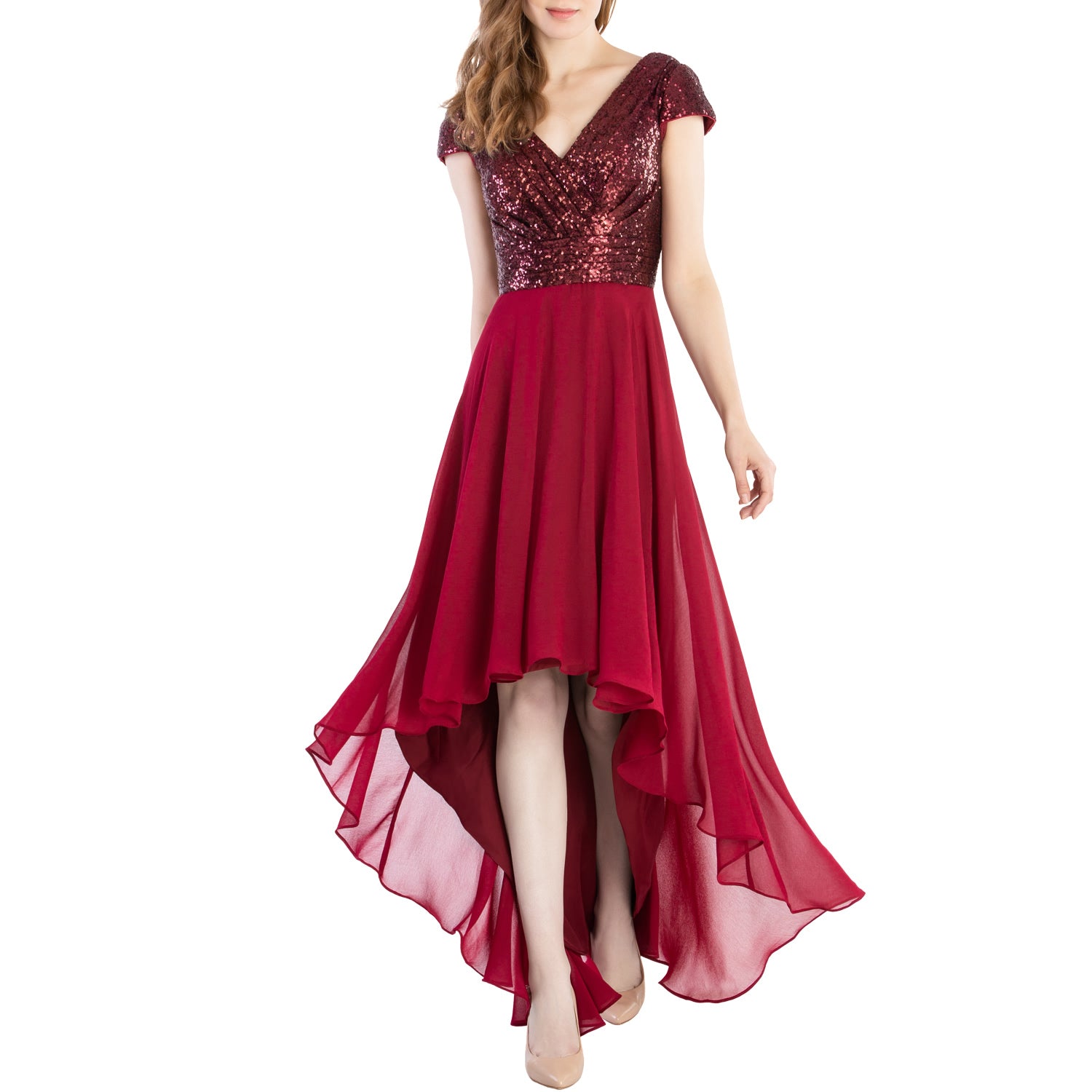 Macloth Mother of Bride Dresses Cap Sleeves High Low Sequin Wedding Formal Gown Dark Navy Sky Blue / Standard Size
