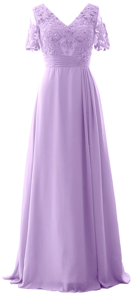 MACloth Women V Neck Long Mother of Bride Dresss Lace Evening Gown Short Sleeves