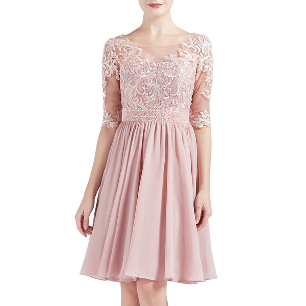 MACloth Women Half Sleeves Short Lace Beading Boat Neckline Mother of Bride Dresses Wedding Bridal Party