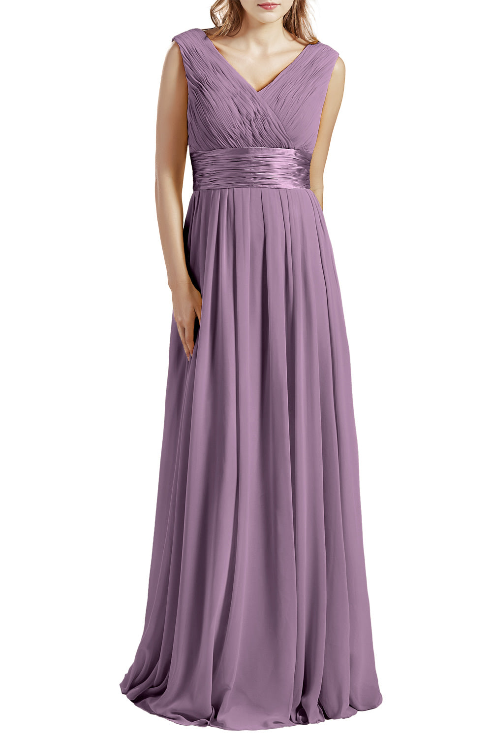 MACloth Damen Langes V-Ausschnitt Chiffon Brautjungfernkleid mit Rüschen BD