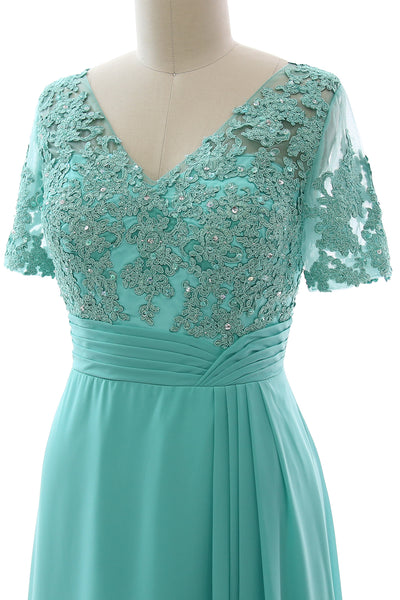 MACloth Women V Neck Long Mother of Bride Dresss Lace Evening Gown Short Sleeves