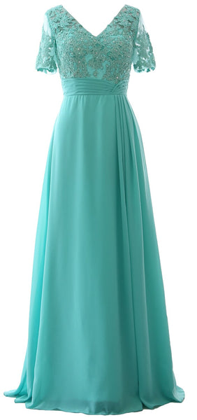 MACloth Women V Neck Long Mother of Bride Dresss Lace Evening Gown Short Sleeves