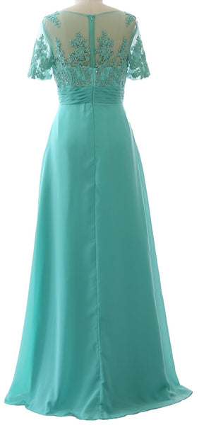 MACloth Women V Neck Long Mother of Bride Dresss Lace Evening Gown Short Sleeves