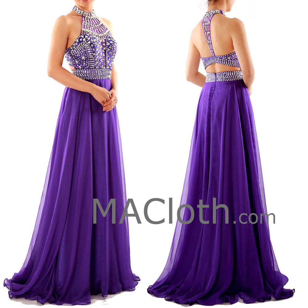 MACloth Halter A Line Crystals Chiffon Purple Long Prom Dress with Court Train 160120