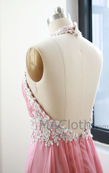 MACloth Women Halter Sweetheart with Lace Long Chiffon Peach Prom Dress 160125