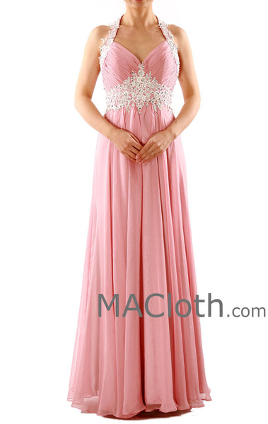 MACloth Women Halter Sweetheart with Lace Long Chiffon Peach Prom Dress 160125