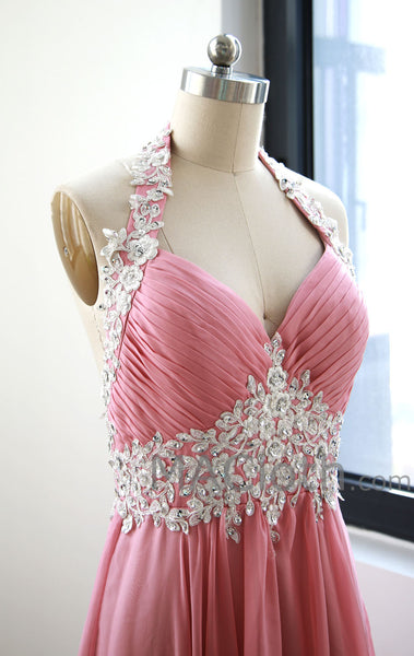 MACloth Women Halter Sweetheart with Lace Long Chiffon Peach Prom Dress 160125