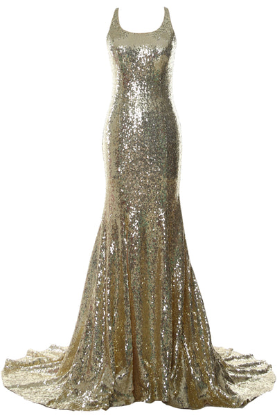 MACloth Mermaid Prom Dresses Sleeveless Sequin Wedding Party Formal Evening Gown