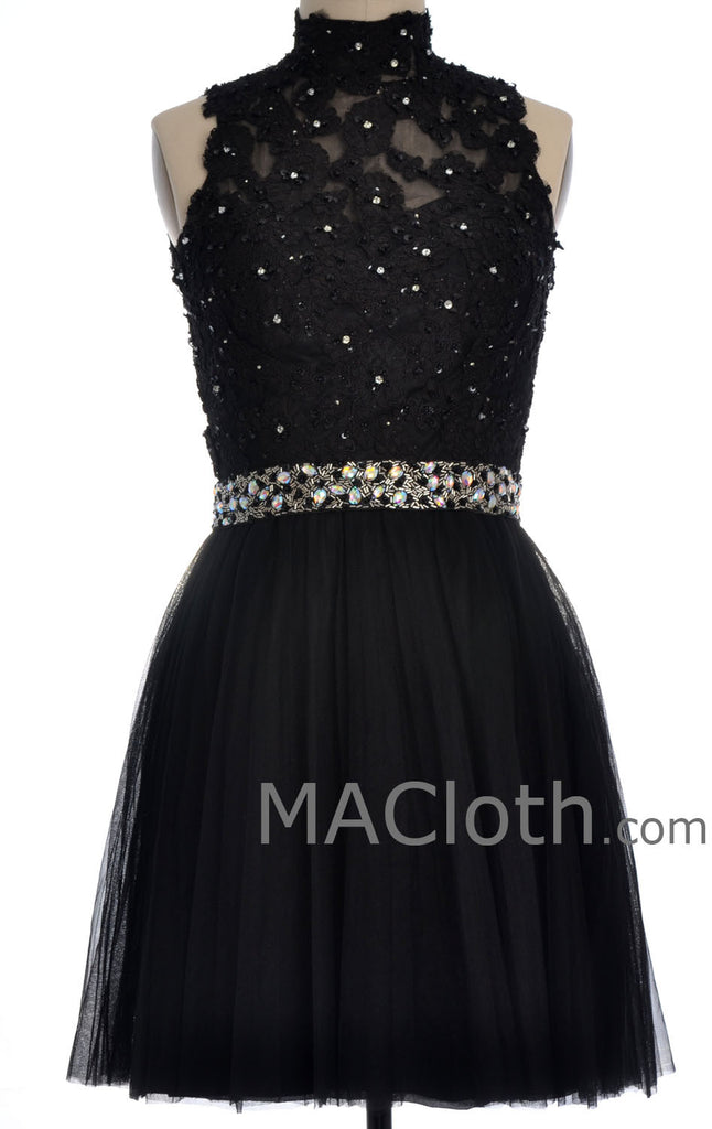 MACloth Women High Neck Black Lace Tulle Short Prom Dress with Open Back