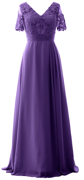 MACloth Women V Neck Long Mother of Bride Dresss Lace Evening Gown Short Sleeves