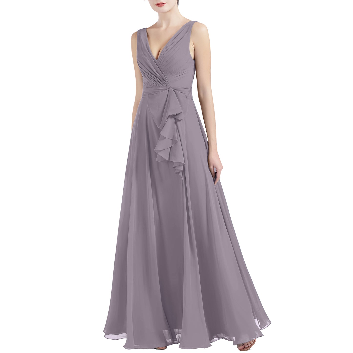 MACloth Women V Neck Long Pleated A Line Wedding Party Bridesmaid Dresses Slit