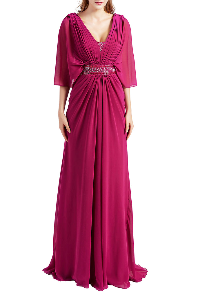 MACloth Women Elegant Long V Neck Mother of Bride Dresses Evening Gown Sleeves