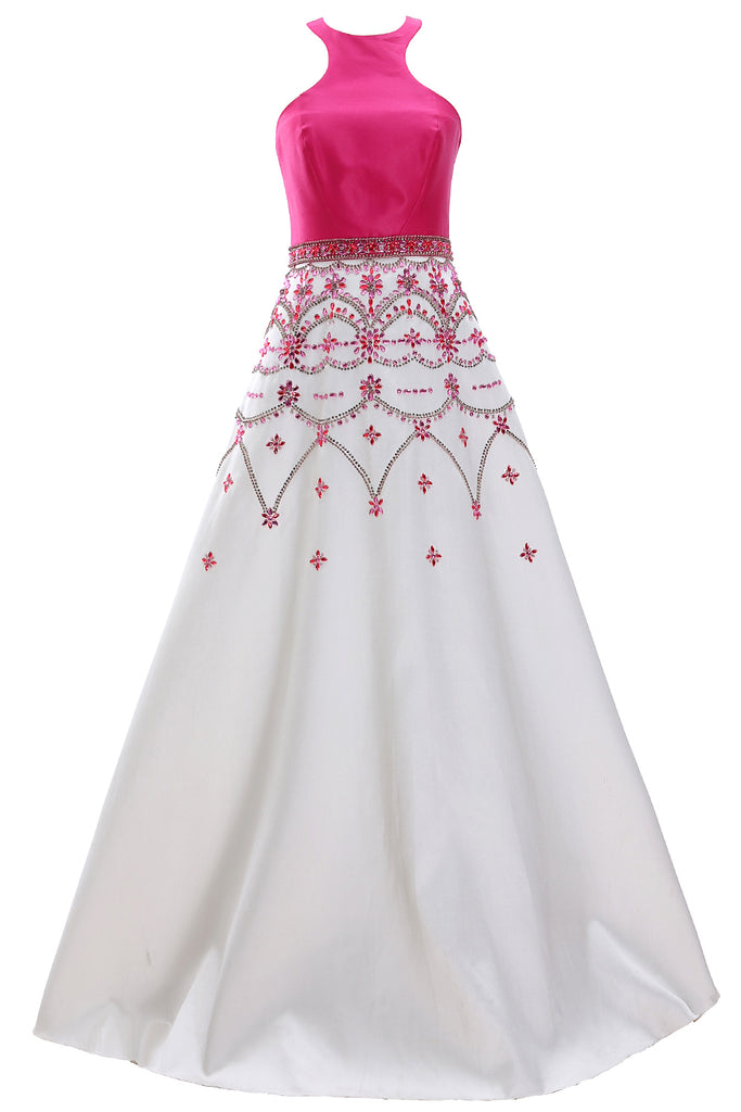 MACloth Women Racer Neck Satin Long Prom Dress Beaded Formal Evening Gown