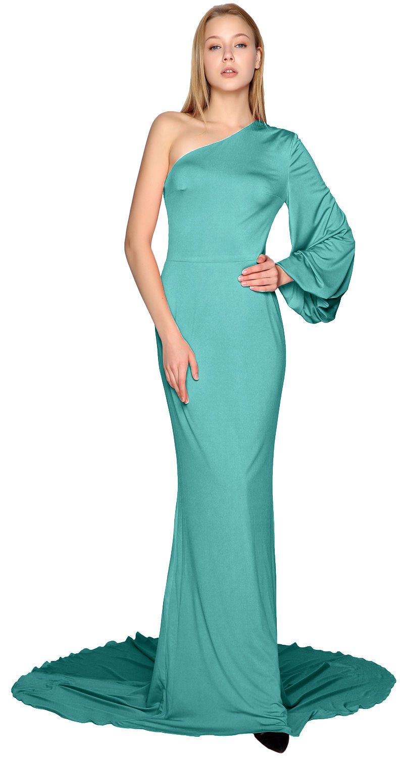 Vestidos de fiesta de sirena MACloth de un hombro con mangas largas y jersey, vestido de noche formal