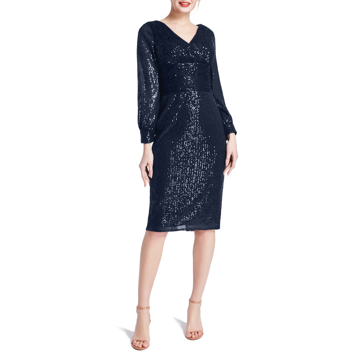 MACloth Damen Empire-Kleid mit V-Ausschnitt, langen Ärmeln und Pailletten, kurz, Cocktailparty-Kleid