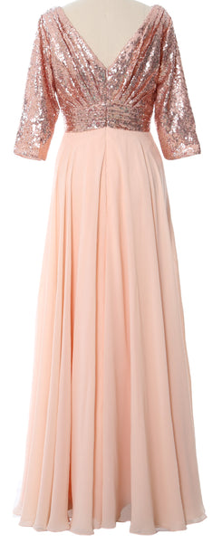 MACloth Women Long Sleeve V Neck Long Sequin Mother of Bride Dresses Maxi Gown