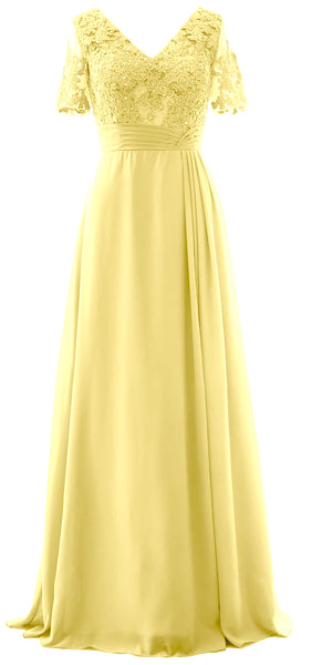 MACloth Women V Neck Long Mother of Bride Dresss Lace Evening Gown Short Sleeves